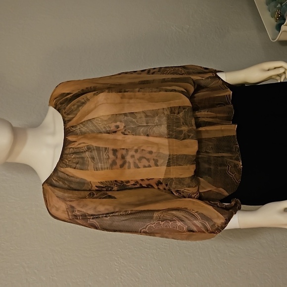 AMORE COUTURE Sheer Leopard Print Silk Blouson Off Shoulder Blouse - Picture 2 of 6